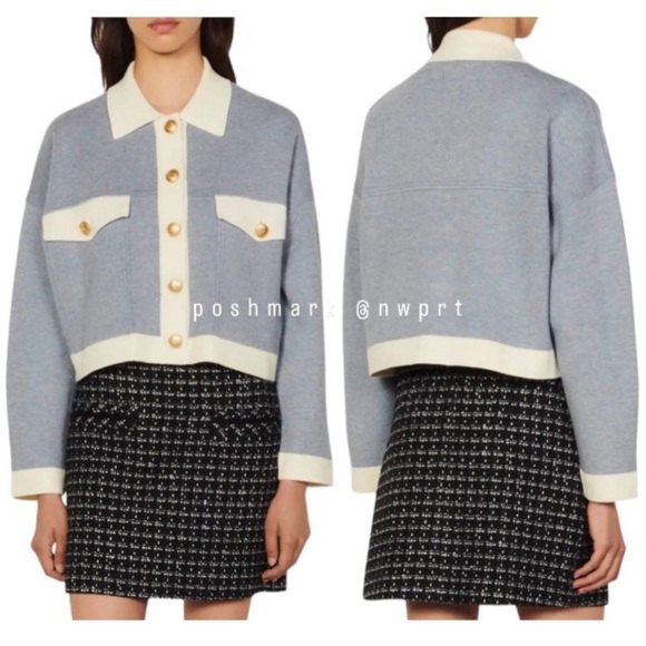 SANDRO Cher Coatigan Cardigan Jacket Sweater Top Bleu Ciel Blue White 0 XS - Picture 1 of 14